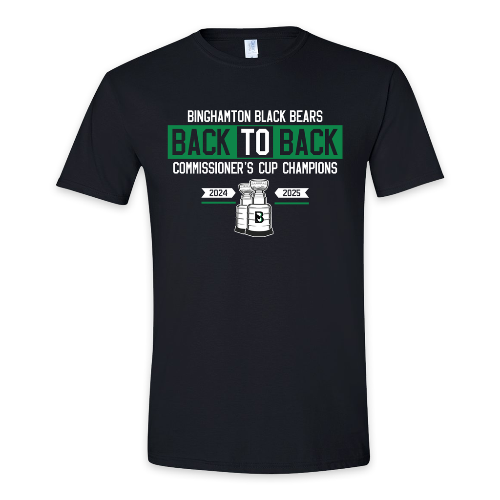 [64000-S-Black] Binghamton Black Bears BACK TO BACK 2025 -Commissioner's Cup Champions Tshirt (S, Black)