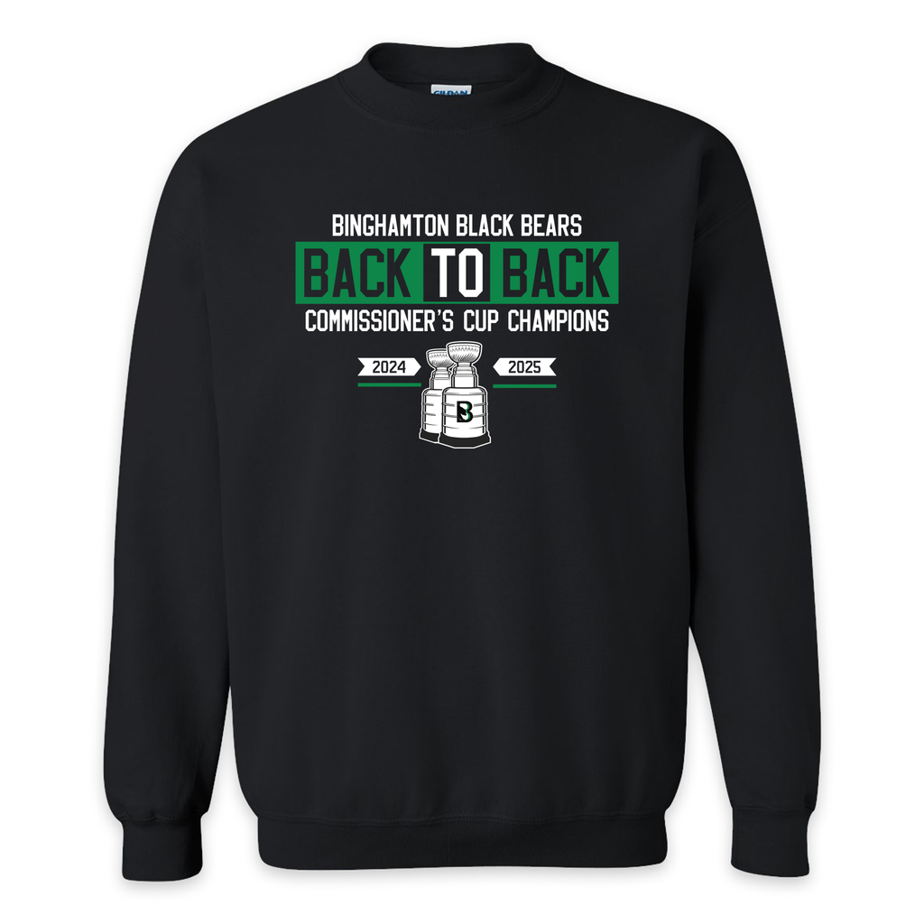 [18000-S-Black] Binghamton Black Bears BACK TO BACK 2025 -Commissioner's Cup Champions Crewneck (S, Black)