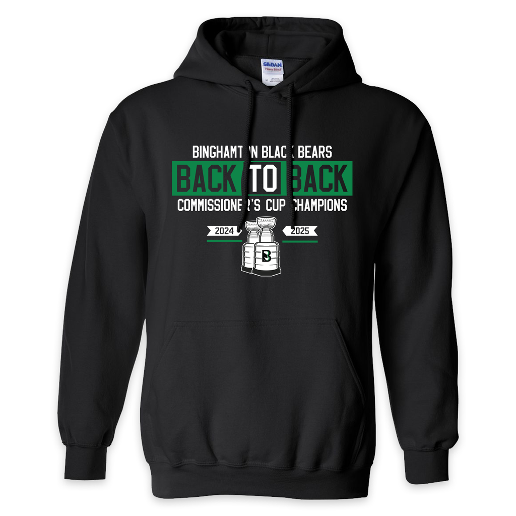 [18500-S-BLACK] Binghamton Black Bears BACK TO BACK 2025 -Commissioner's Cup Champions Hoodie (S, Black)