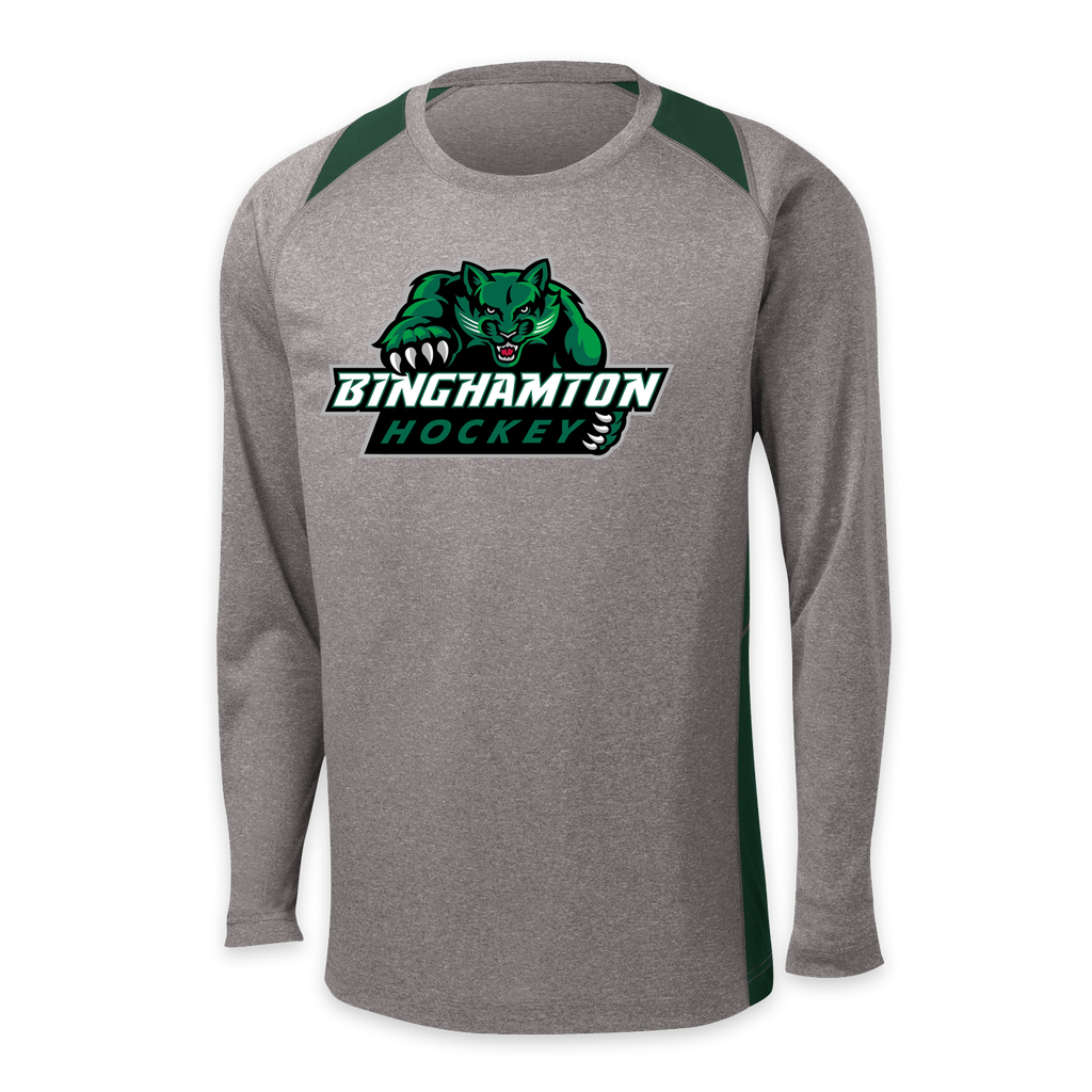[ST361LS-XS-Vintage Heather/Forest Green] BU Club Hockey Player Long Sleeve Colorblock Performance T-shirt (Vintage Heather/Forest Green, XS)