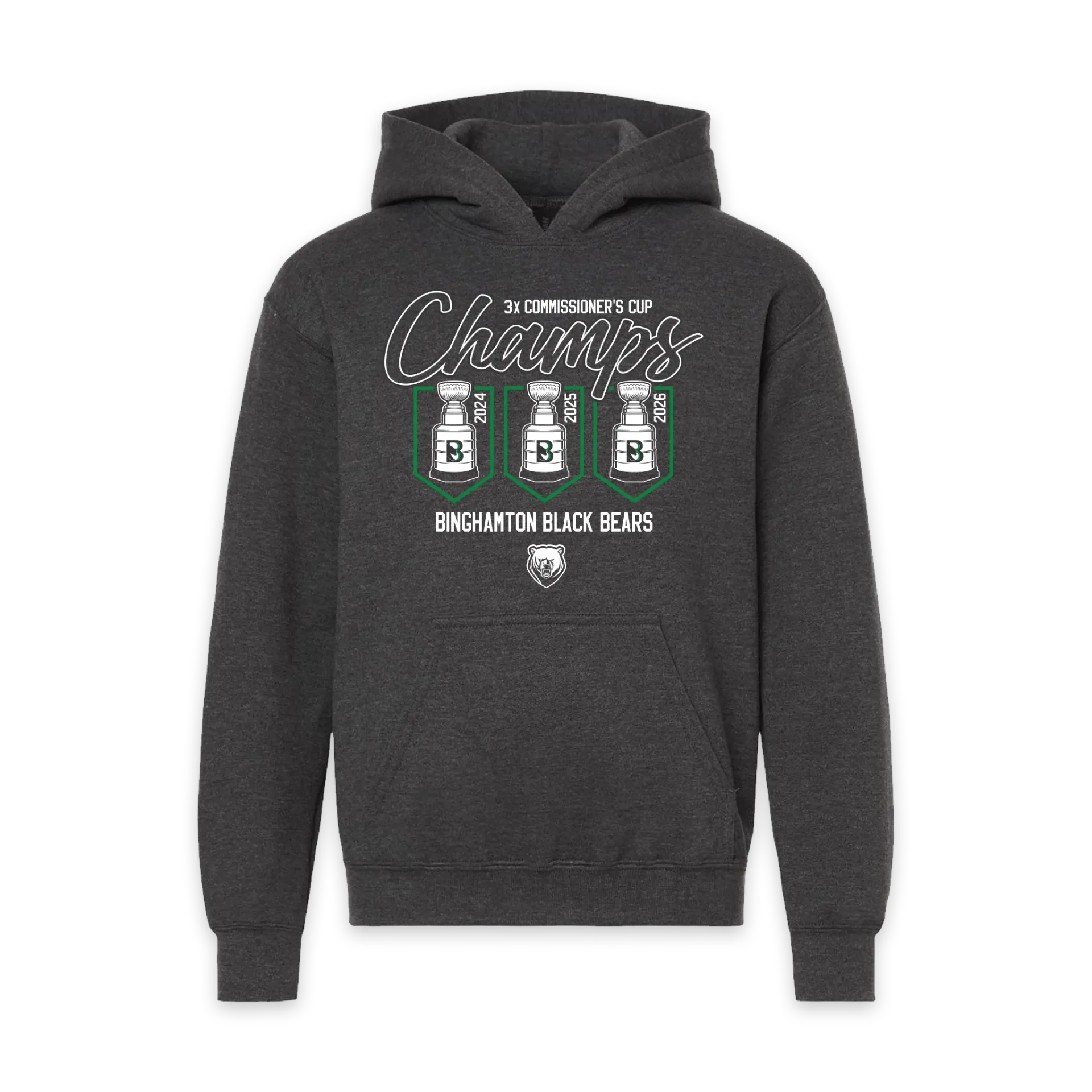 [18500B-YS-Fan Charcoal Heather] Binghamton Black Bears 2026 YOUTH Champs Hoodie! (YS)