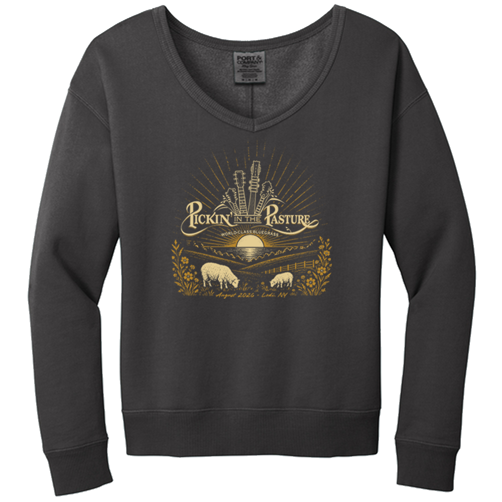 [LPC098V-XS-Coal] Pickin’ In The Pasture 2026 Women's Beach Wash® Garment-Dyed V-Neck Sweatshirt (XS, Coal)