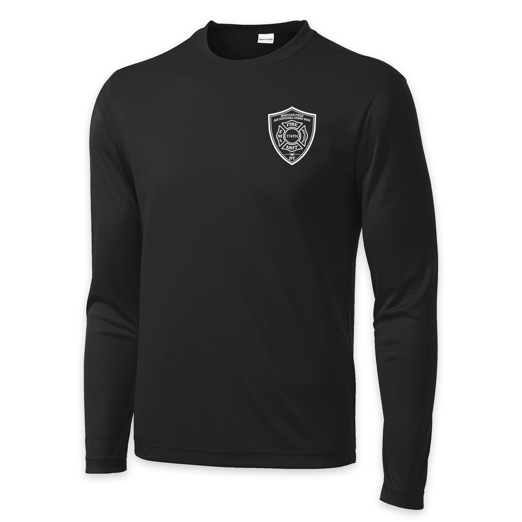 [ST350LS-S-Black] LEISURE WEAR- Hancock Fire Department Long Sleeve Performance Shirt (White Logo w/back) (Black, S)