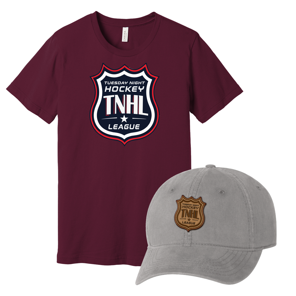 [3001-S-Maroon-AH35-Grey] Tuesday Night Hockey League - T-Shirt and Hat Bundle!  (S, Maroon, Grey)
